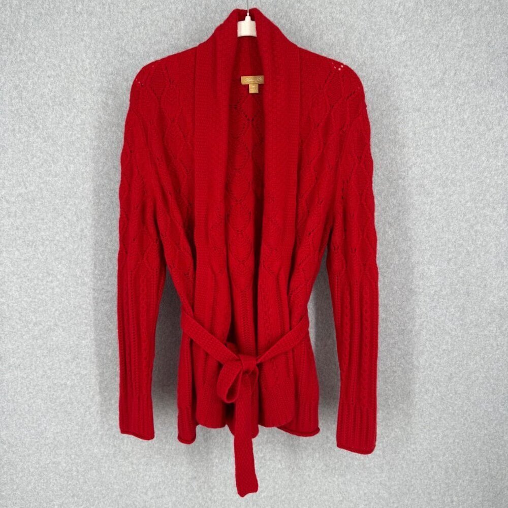 Katherine Kelly Womens Cashmere Tie Waist Cardigan Sweater Size M Red Cable Knit